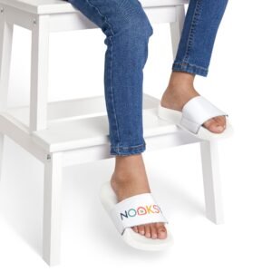 Youth Slide Sandals — White Removable-Strap Slides with Colorful 'NOOKS' Logo